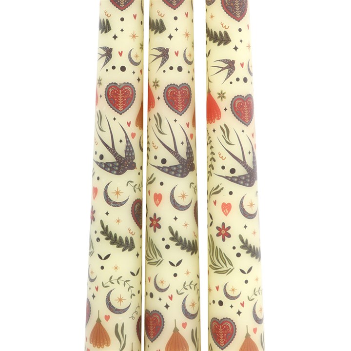 Set of 3 Cream Midnight Bloom Print Taper Candles